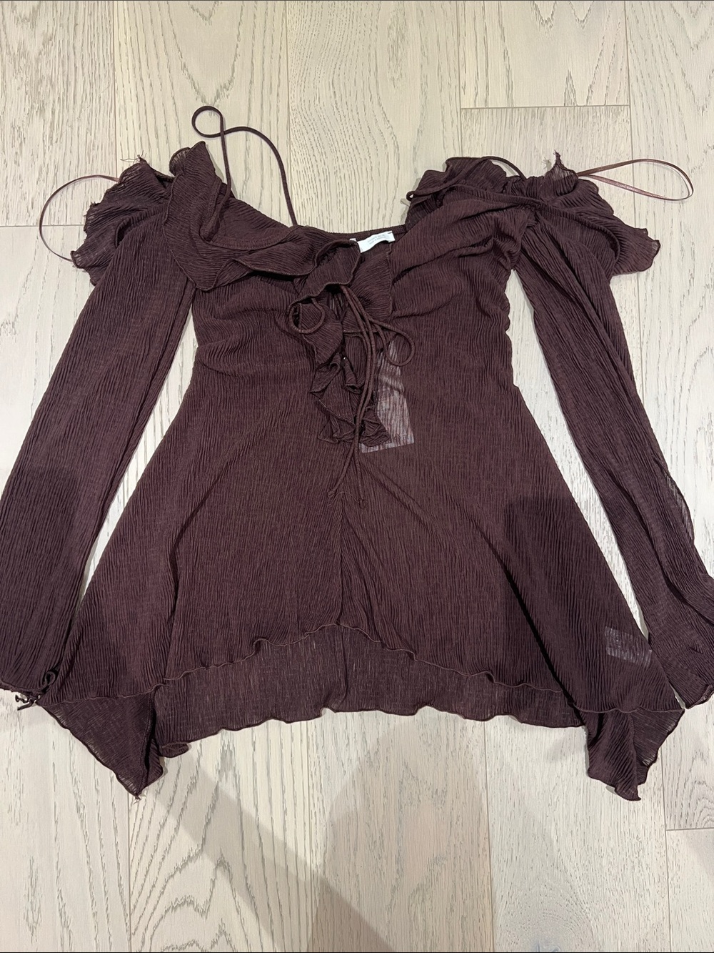 Zara Chocolate Brown Lace-Up Long Sleeve Blouse